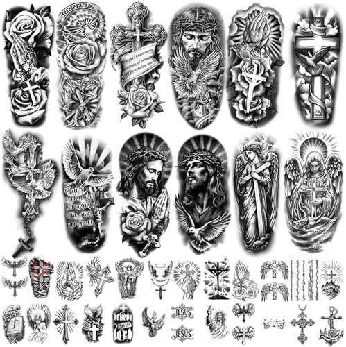 77 Fogli Croce Cristiana Tatuaggio Temporaneo per Donne e Uomini, 17 Mezzo Braccio Gesù Religioso Dio Tatuaggi Finti, 60 Angeli Cristo Nero Piccoli Adulti Bambini Adesivi per il Corpo Realistico