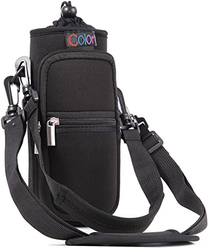icolor Trinkflaschenhalter Tragetasche für Wasserflasche mit Verstellbar Schultergurt Flaschenhalter mit Phone Taschen,Neopren Trinkflasche Beutel Flaschen Halter (schwarz, 25oz(About750ml))