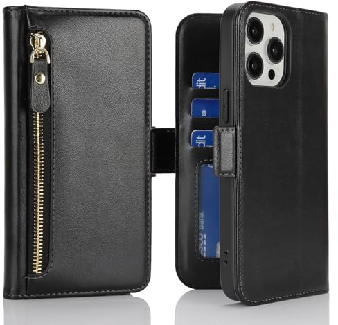 Ｈａｖａｙａ Hülle für iPhone 15 Pro Max mit Kartenhalter und Standfunktion Klapphülle PU Leder Flip Kompatibel mit iPhone 15 Pro Max Hülle Reißverschluss geldbörse - Schwarz