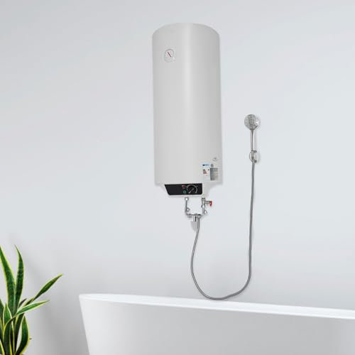 WindWilder Scaldacqua elettrica da 50 l, con kit shower, 2000 W, 220 V, scaldabagno elettrico a parete fino a 75 °C, gamma di temperatura dell'acqua, 34 x 74 cm, bianco