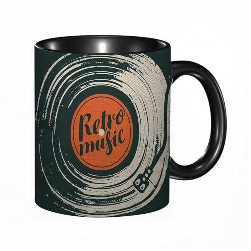 reyawdf Original Tasse mit lustigem Design, Retro Musik Alte Schallplatte Grammophon Volkskonzert Instrument Prem,330ml, für Kaffee- und Teeliebhaber, als Geschenk für Weihnachten, Geburtstag und mehr