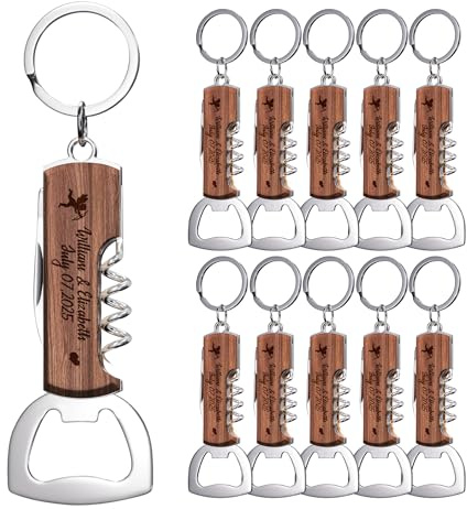 10 STÜCK Personalisierte Multifunktionale Flaschenöffner aus Rosenholz, Maßgeschneiderte Gastgeschenke für Hochzeiten und Geburtstagsfeiern, Gravierte Flaschenöffner-Schlüsselanhänger für Gäste