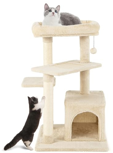 COSTWAY Petit Arbre à Chat 85 cm, Arbre a Chat Bois à 4 Niveaux, 3 Poteaux à Griffer en Sisal, 3 Plateformes, Condo, Tour pour Chaton Interieur, Pompon, 63 x 56,5 x 85 cm (Beige)
