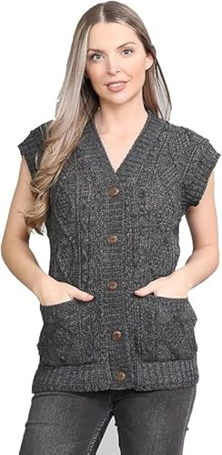 PureLayne® Womens Sleeveless Cable Knitted Grandad Waistcoat Cardigan, Ladies 5 Button Casual Winter V-Neck Knit Wear Sweater Jumper Top 2 Pocket (Charcoal, S-M)