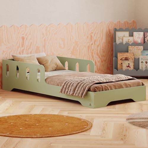 smartwood Cama Infantil 90x190 cm con Barrera, Madera, Verde, TILA 6 | Cama Montessori baja, somier hasta 230 kg, certificado FSC, bordes redondeados, montaje fácil, desde 3 años, 93x193x40 cm