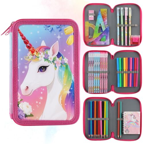 ZXShow 44 Teilen Federmäppchen Einheorne Set Einhorn Federmäppchen 3 Fächer Große Kapazität Mäppchen Mädchen mit Lineal,Wasserfarben,Federtasche Geschenk für Schule Kinder