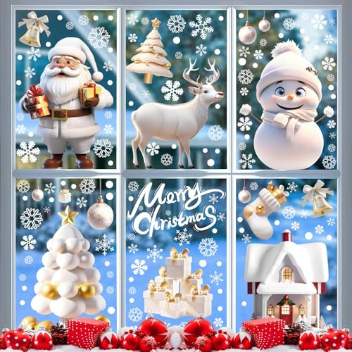 Stickers Noel Fenetre,Autocollant Noel Fenetre Réutilisables,9 Feuilles 3D Blanc PVC Décoration De Noël Flocon de Neige,Père Noël, Renne,Bonhomme de Neige Pour DIY Décor Vitrines, Façades en Verre.