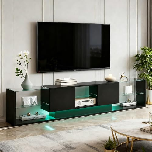 Meuble TV Noir avec lumières LED, Moderne Meuble Télé Longueur 200 cm avec 2 Tiroirs et Étagères en Verre, Table Tele Banc TV pour Salon ou Chambre (Noir, 200 x 35 x 45 cm)