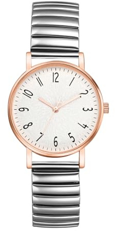 JewelryWe Damenuhr Elastische Uhr Damen Klassische Einfache Analog Quarz Armbanduhr Frauen Edelstahl Stretch-Armband Dünne Uhr mit Zugarmband & großem runden Zifferblatt