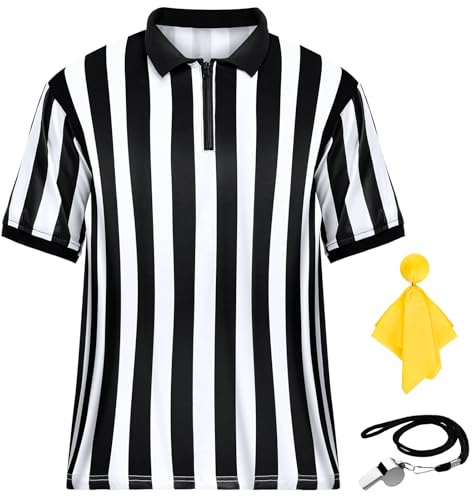 Men's Referee Costume Kit with Striped Shirt, Whistle and Penalty Flag | Includes a Stainless Steel Whistle with Lanyard and Penalty Flag for Football, Soccer, and Halloween Cosplay