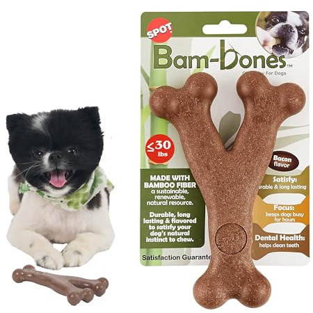 SPOT Bam-Bones Wishbone - Made with Strong Bamboo Fiber, Durable Long Lasting Dog Chew for Light to Moderate Chewers, Great Toy for Adult Dogs & Teething Puppies Under 30lbs, 5.25in, Bacon Flavor