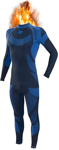 sesto senso® Mäns funktionella underkläder set skidunderkläder snabbtorkande långärmad undertröja funktionell skjorta och långa kalsonger funktionella leggings termoaktiva, Svart/blå, S