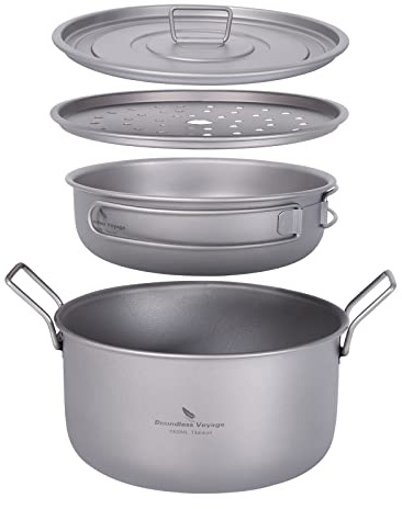 iBasingo Titanium Steamer Soup Pot Juego de sartenes con tapa 1900ml y 900ml Juego de utensilios de cocina para acampar Wok para interiores al aire libre Bandeja de té Cacerola Kit de desorden ligero