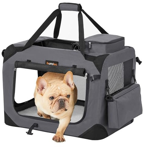 Feandrea Hundebox faltbar, Transportbox Hund, M, Hundetasche, Oxford-Gewebe, Netzstoff, atmungsaktiv tragbar transportabel, Metallrahmen, mit Griffen, Taschen, 60 x 42 x 42 cm, grau PDC60GY