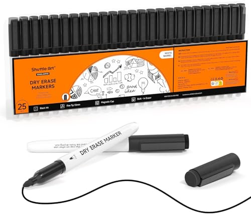 Shuttle Art Dry Erase Markers, 25 Pack Black Magnetic Whiteboard Markers with Erase, Fine Point Dry Erase Markers Perfect for Writing on Dry-Erase Whiteboards Mirrors Glasses for School Office Home