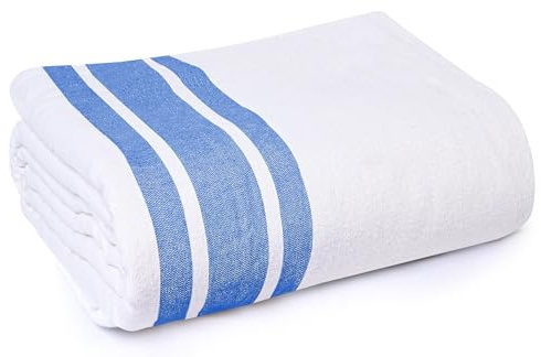 Linteum Textile Cotton Blended Hospital Patient Bath Blanket, Bed Bath Sheet, Twin Blanket Lightweight Sheet Blankets 70x90 in, 1.75 lb. White with Blue Stripes