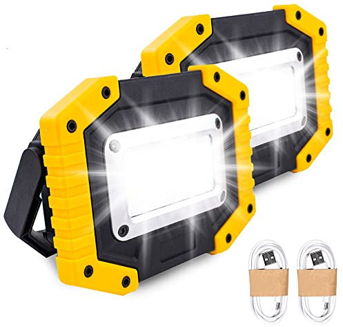 Trongle Lampe de travail LED rechargeable 30 W avec batterie de sécurité avec 3 modes de lumière COB de camping avec USB étanche pour garage, pêche, randonnée, 2 packs (piles incluses)