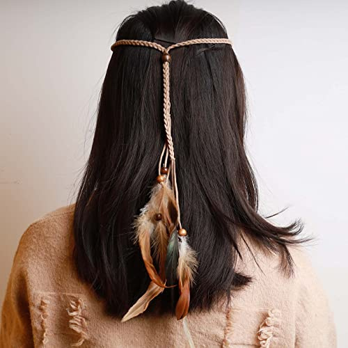 TseenYi rom-fjäder pannband hårband boho fjäder hårband pärlor fjäder tofs pannband smycken för kvinnor och flickor jul scenprestanda (beige)