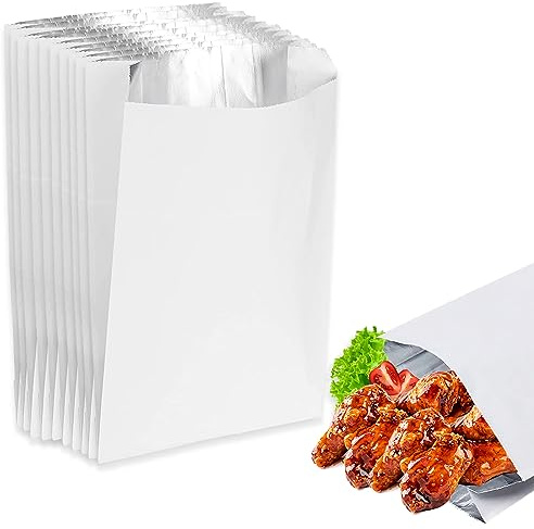 BBQ Bags White Foil Lined Paper Bag Greaseproof Chicken Naan Bread Burger Ribs Hot Food Pouches (50, Medium (7 x 9 x 12))