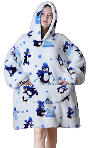 Queenshin Batamanta Sudadera Manta con Capucha de Impresión de Pingüino con Bolsillo Gigante para Mujer, Manta usable Cómoda Manta Gigante Cálida y Suave, blanco