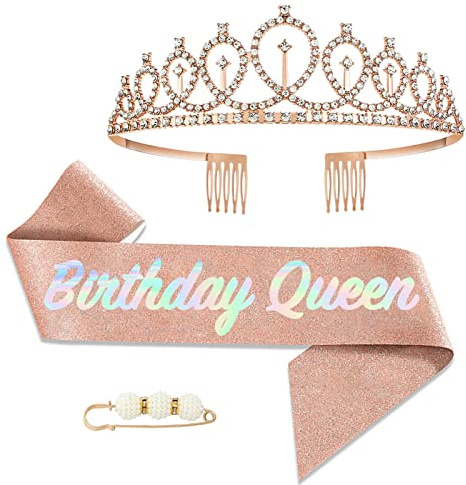 POPOYU Schärpe und Tiara zum 50. Geburtstag, Roségold, Krone und Schärpe für sie, Party-Zubehör, Geburtstags-Kronen-Kostüm-Set für Damen, Geschenk zum 50. Geburtstag