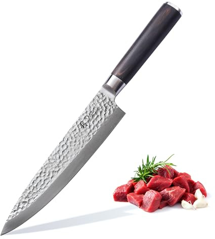 Wakoli Pakka Chefmesser, 20,5 cm Klinge, 67 Lagen Damaststahl mit VG10-Kern | Hammerschlag, Pakkaholzgriff, 15° V-Schliff beidseitig, 60 ± 2 HRC; für Fleisch, Fisch, Obst sowie Gemüse, inkl. Geschenkbox.