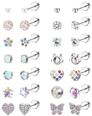 14Pairs Hypoallergenic Flat Back Earrings For Girls - Surgical Steel Stud Earrings For Girls Women Tiny CZ Pearl Ball Heart Flower Pink Earring Set Screw Back Sleeper Earring Over 3 Years Old Silver