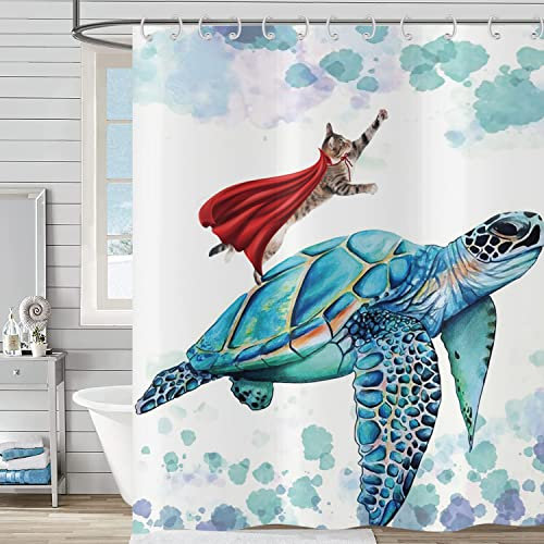Hnmdmyi Cortina de ducha divertida, 180 x 200, cortinas de ducha de gato, turquesa, tortuga marina, océano, subacuática, para niños, bañera, impermeable, tela de poliéster, lavable, cortina de baño