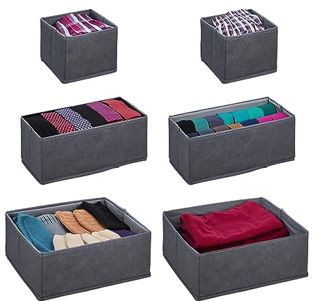 Relaxdays Schubladen Organizer, 6-teiliger Wäscheorganizer, grau | für Kleiderschrank