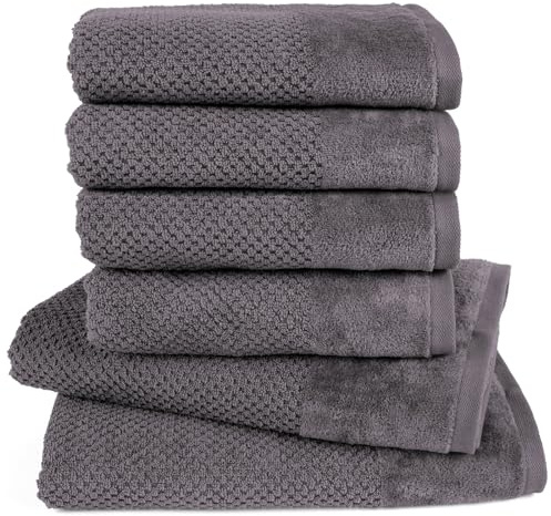 Pure Label Handtuch Set 6tlg 2xDusch 4xHand Anthrazit | 100% Baumwolle, weich & saugstark - Waschbar bis 60∘C, trocknergeeignet