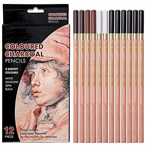 Majatou 12 Stück 4-Farben-Skizzenstifte, Kohlestifte, Künstlerbedarf, Leicht zu Spitzen, für Kunststudenten, Anfänger, Professionelle Maler, Weiße/blutige/sepia/schwarze Kohlestifte mit Geschenkbox