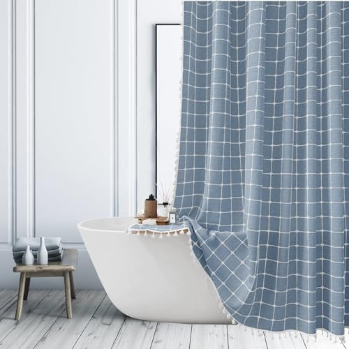ggaimwf Tenda da doccia tessuto misto lino con nappine boho rustico Blu | Finitura idrorepellente. Tessuto morbido con bella caduta. Lavabile in lavatrice. Bagno caldo e accogliente. Più misure