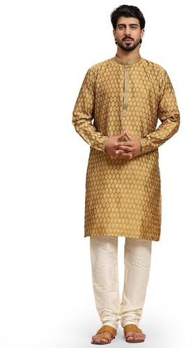 SKAVIJ Brokad silke vävd design Kurta pyjamas set etniska motiv festlig etnisk klänning, Brun, S