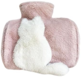 Plush Hot Water Bottle PVC Cute Plush Hot Water Bag for Hot and Cold Compress with Pockets on Both Sides 1500ML Capacity Christmas New Year Valentine's Day Birthday Gift 3D Cat（Pink and White）