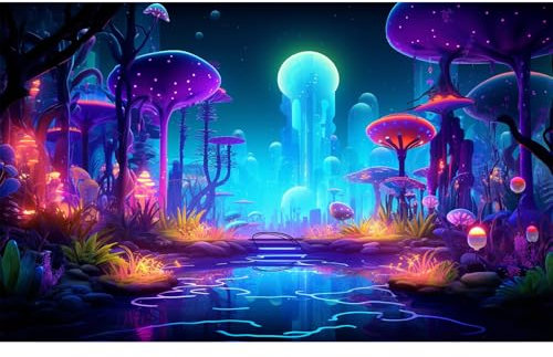 CaterRina Fantasy Forest Aquarium-Hintergrund, geheimnisvolle Pflanzen, abstrakte Pilze, Cartoon-Stil, Waldterrarium, Hintergrund, ruhiger Bachlauf, Aquarium-Hintergrund, Tapete, Poster, Dekoration,