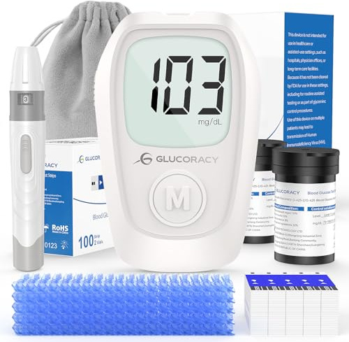 Glucoracy G-425 Glucose Monitor Kit, Blood Sugar Monitor with Glucose Meter, Lancing Device, 100 Test Strips and 100 Lancets, Blood sugar testing kit for Home Use, Diabetes Home Testing Kit