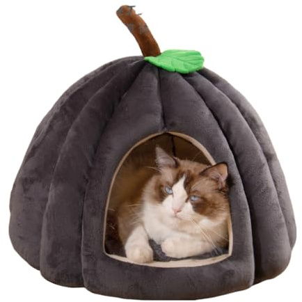 Katzenbetten für Hauskatzen, Kürbis-Katzenhaus, niedliche Kürbisform, Katzenhöhlenbett, Katzenzelt mit abnehmbarem Kissen, warmes Höhlennest, Schlafbett, Welpenhaus für Katzen, kleine Hunde (Grau