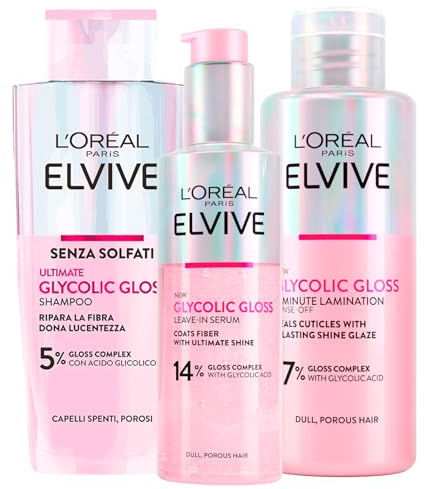 L'Oréal Paris Elvive Glycolic Gloss Champú Pelo 200ml + Sérum Sin Aclarado 150ml + Tratamiento Laminador 200ml 5 Minutos Set Cabellos Porosos Deslustrados Brillo Intenso y Duradero - 3 Frascos