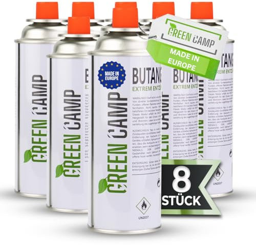 Green Camp ® Gaskartuschen 227g [Made IN Europe] ideal für Gaskocher, Gasheizung, Gasbrenner, Unkrautbrenner oder Campingkocher - Butan Gaskartusche Typ MFS – 1A (8X Gaskartuschen)