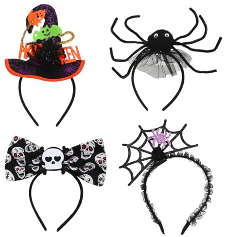 Meleager Halloween Haarreif, 4 Stück Halloween Haarschmuck, Halloween Kopfbedeckung mit Haarreif Spinne, Stirnband Hexenhut für Halloween Party Cosplay Fasching Party für Damen Kinder Mädchen