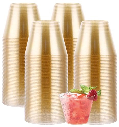 VIDETOL 150 Stück Hartplastik Plastikbecher mit Goldglitter, 270ml Kunststoff Trinkbecher, Cocktailgläser Plastik Mehrweg, Transparent Partybecher, Kunststoffbecher für Party, Geburtstag, Hochzeiten