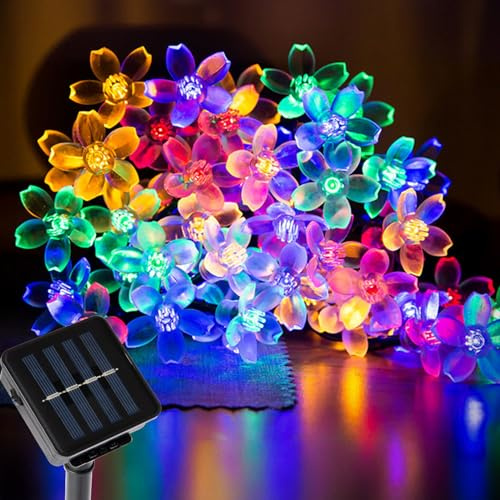 Aofonchy Solar Lichterketten Außen, 12M 100LED Blühen Blume Lichterketten, IP65 Wasserdicht Solar Blumen Lichterkette, 8 Modes Kirschblüte Lichterkette für Garten Terrasse Balkon Weihnachten Hochzeit