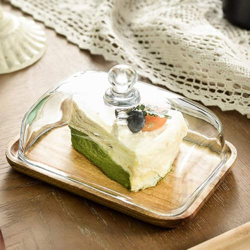 Crevyteg Butterdose aus Holz mit Glasdeckel, klares Butter-Käse-Kuchen-Tablett, rechteckig, Kuchenplatte aus Holz, für Dessert, Süßigkeiten, Serviertablett, Akazie