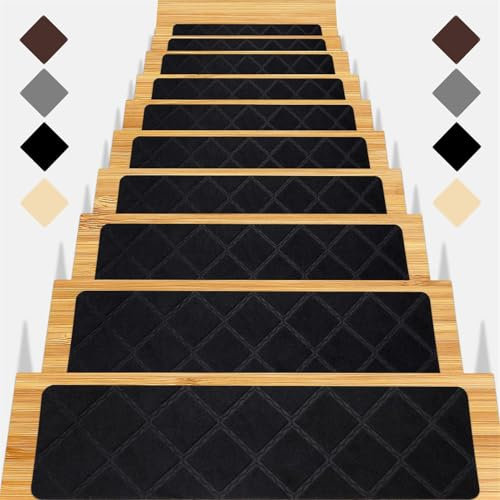 GYHH 15 Stück Treppenstufen Matten, Anti-Rutsch Stufenmatten, Treppenteppich Selbstklebend Rechteckig, Treppen Treppenstufen Aussen Innenbereich Für Kinder Ältere Und Hunde (Black,7)