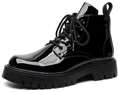 MANLADUO Stivali da lavoro in pelle verniciata impermeabile alla moda da uomo - Stivali lucidi con suola spessa, nero, 41 EU