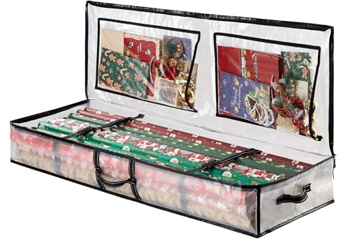 VENO Transparente Geschenkpapier-Organizer-Aufbewahrungsbox für Geburtstag, Weihnachtsgeschenktüten und Urlaubszubehör, Unterbett-Aufbewahrungsbehälter mit Innentaschen, 101,6 cm lang, passend für 24