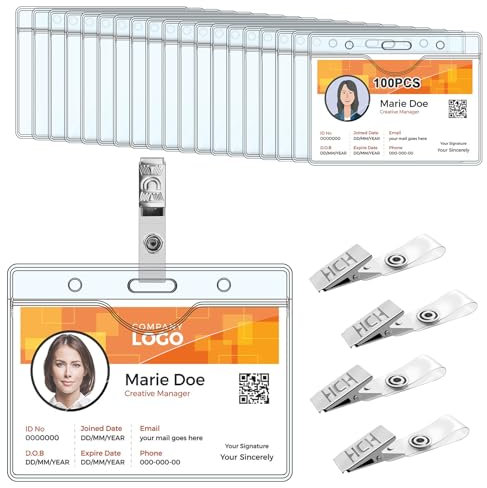 HIMOMO Ausweishülle Mit Clip, 100 Stück Kunststoff Karten Hüllen Transparent, Horizontaler Ausweishalter Mit 100 Pcs Metall Clips Transparent Namensschilder Für Ausweis Id Karte Namensschilder