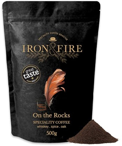 On the Rocks Whiskey Infused Coffee 500g Cafetiere/French Press Grind - Medium Roast with Whiskey, Spice & Oak Notes | Ideal for Espresso, French Press & Flat White Lovers - IRON & FIRE