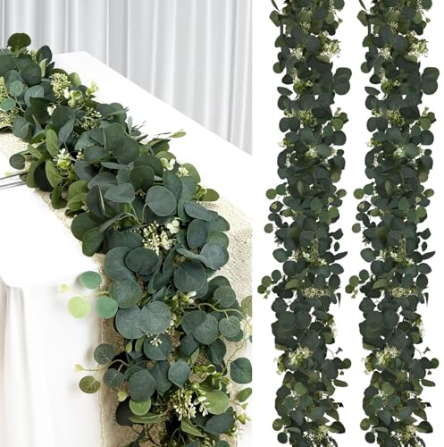 DEYIXUN 2Pcs 6FT Eucalyptus Garland, Green Garland with Flowers,Artificial Faux Greenery Vines for centerpieces Wedding Party Table Runner Room Home Mantle Decor