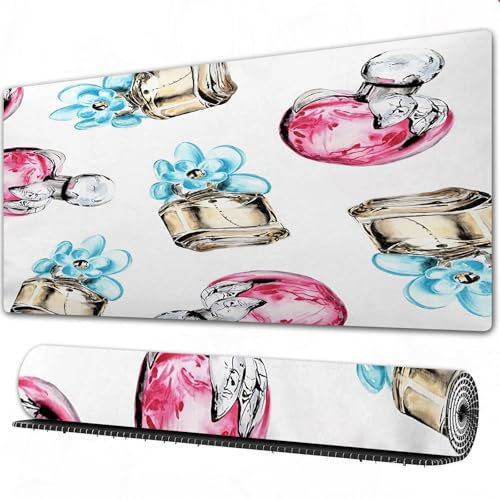 FEHWI Mauspad 80×30 cm Verlängertes großes Mauspad Schreibtischauflage,Rosa Parfümflasche aus Glas mit Blütenblättern, Duft roter Apfel, gelbes Gl,genähte Kanten Gaming Mauspad,rutschfeste Gummibasis